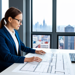 Modern Architect at Work**

"A professional female architect, fully clothed in a stylish and modern business casual outfit, working on a digital blueprint at a bright and spacious office desk, large windows overlooking a cityscape, clean architectural details, safe for work, appropriate content, perfect anatomy, correct proportions, natural pose, well-formed hands, proper finger count, professional, modest, family-friendly, high resolution."

**