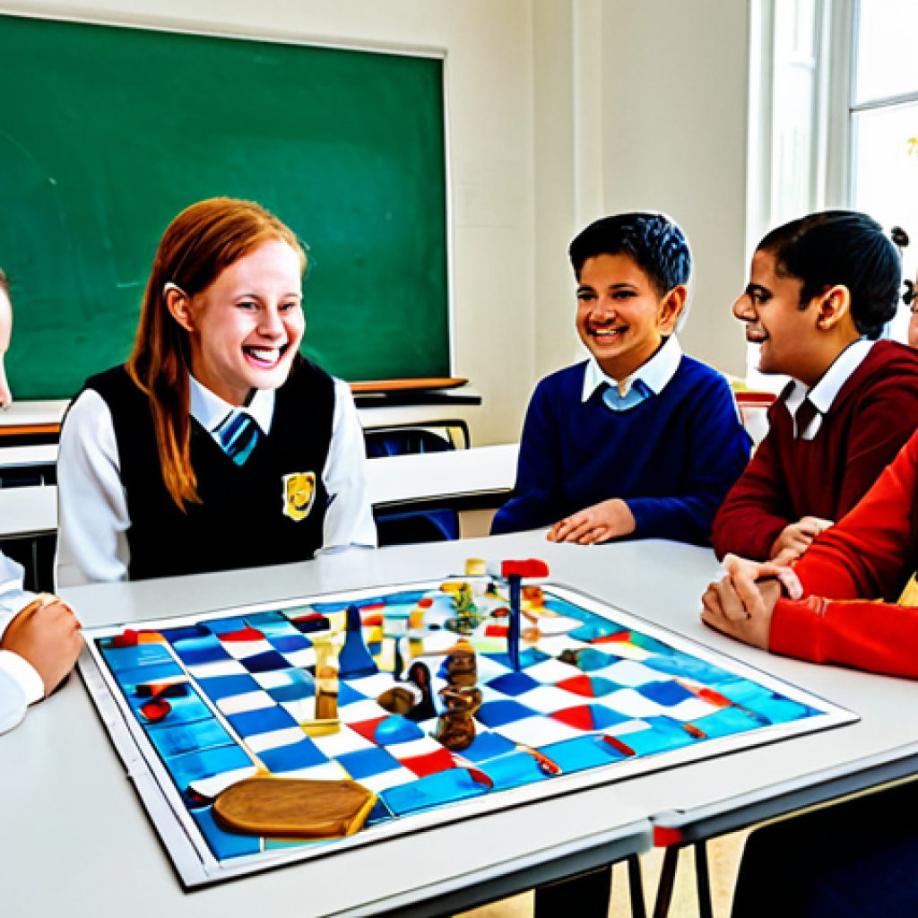 Gamified Classroom**
"A brightly lit classroom filled with fully clothed students actively participating in a game-based learning activity. The scene incorporates elements of a classic board game, but adapted for educational purposes. The students are engaged and smiling, appropriate attire, safe for work, perfect anatomy, natural proportions, digital art, high quality, professional."
**