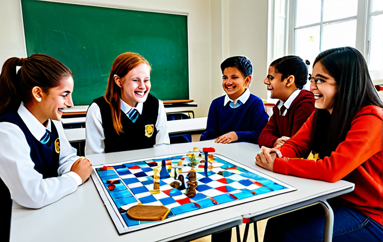 Gamified Classroom**

"A brightly lit classroom filled with fully clothed students actively participating in a game-based learning activity. The scene incorporates elements of a classic board game, but adapted for educational purposes.  The students are engaged and smiling, appropriate attire, safe for work, perfect anatomy, natural proportions, digital art, high quality, professional."

**