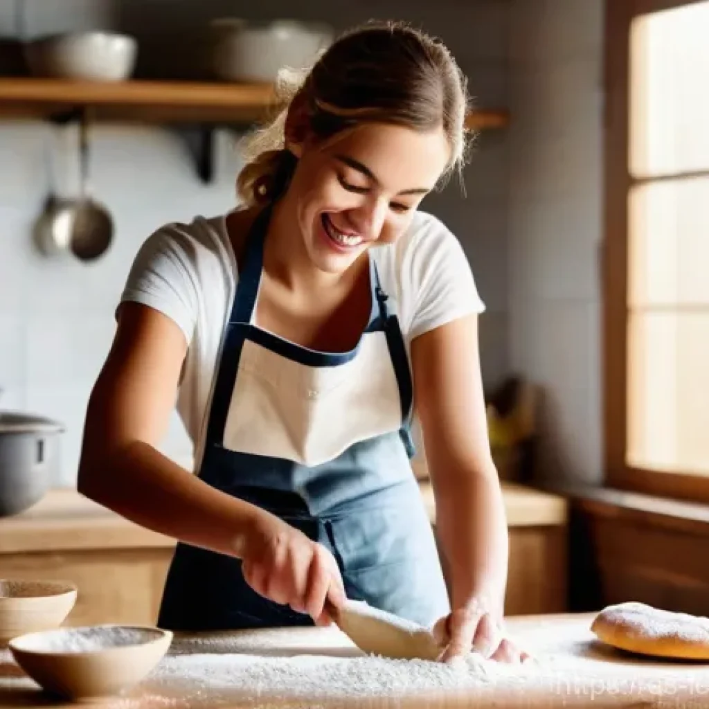 실험적 학습으로 창의성 향상하기 - **Prompt:** A cheerful young woman, wearing a comfortable apron over her t-shirt and jeans, is joyfu...