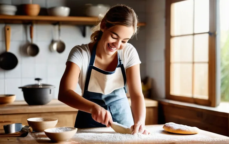 실험적 학습으로 창의성 향상하기 - **Prompt:** A cheerful young woman, wearing a comfortable apron over her t-shirt and jeans, is joyfu...