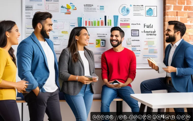 실험적 학습에서의 실패와 성공의 의미 - A diverse group of Hispanic adults in a modern coworking space, warmly interacting and sharing ideas...